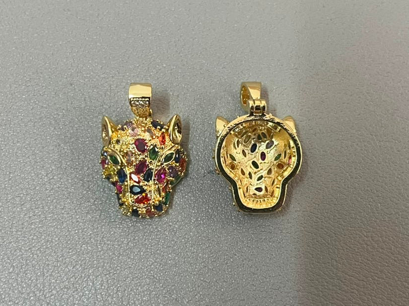 Gold Multicolor Gemstone leopard Animal Head Pendant, Hollow Charm for DIY Jewelry
