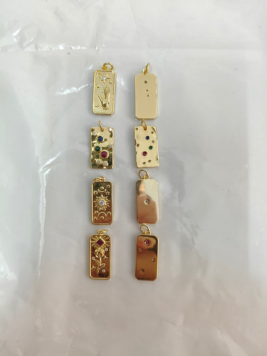 Vintage-style gold rectangular micro-set multicolored stone cameo pendant | Exquisite double-sided design (starry sky cutout pattern on the back) | Choice of themes: Mystical Star & Moon or Floral | DIY accessory for necklaces and bracelets