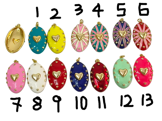 Vintage Colorful Enamel Heart Oval Pendant | 3D Gold Heart + Metal Rivet Edges | Openable Photo Box Design | Available in Multiple Colors/Stripes | DIY Handmade Accessory