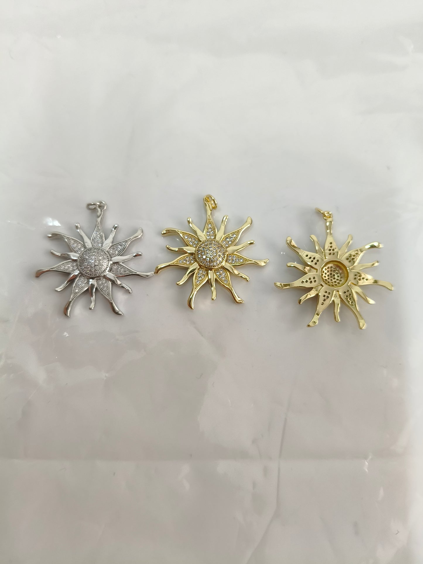 Heavy-duty fully set with rhinestones wave flame sun pendant | Micro-set rhinestones on the front + delicate openwork perforation on the back | Available in gold and silver | DIY necklace accessory
