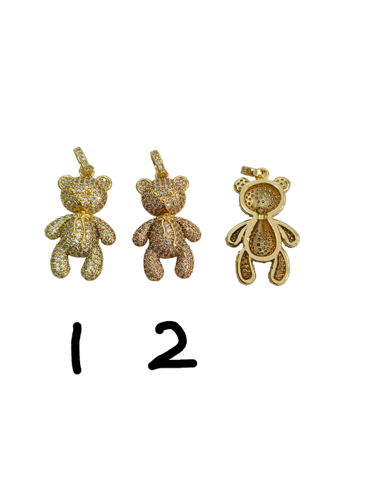 Heavyweight rhinestone-encrusted 3D teddy bear pendant | Gold butterfly knot embellishment | Full rhinestones on the front / openwork skeleton on the back | DIY luxury necklace/bracelet accessory