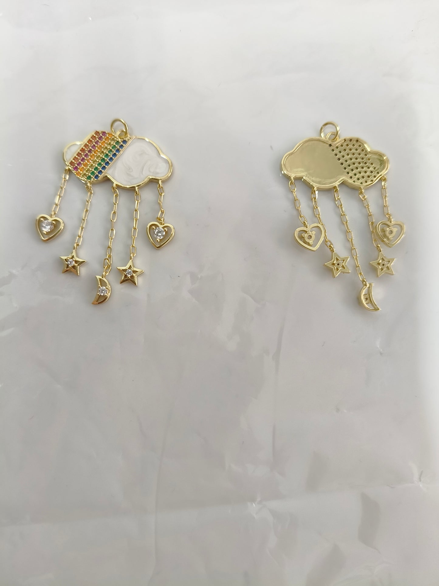 Heavy-duty micro-painted rainbow cloud tassel pendant with colored diamonds | White enamel + star, moon, and heart pendant chain | Dreamy dopamine DIY handmade necklace accessory