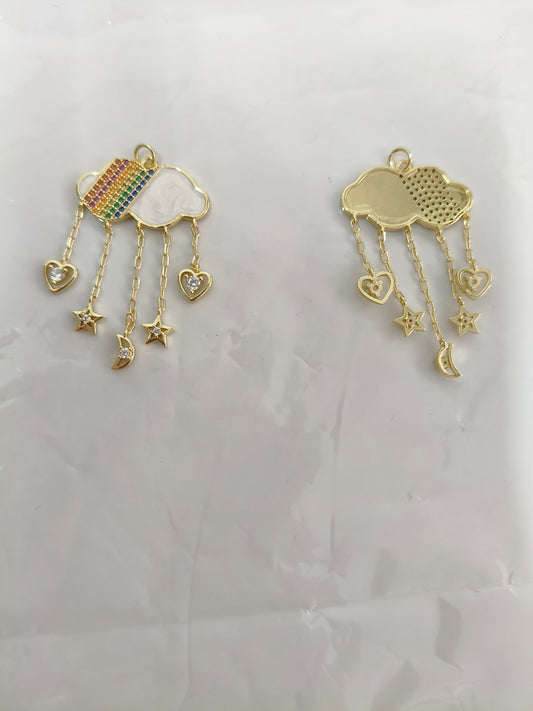 Heavy-duty micro-painted rainbow cloud tassel pendant with colored diamonds | White enamel + star, moon, and heart pendant chain | Dreamy dopamine DIY handmade necklace accessory